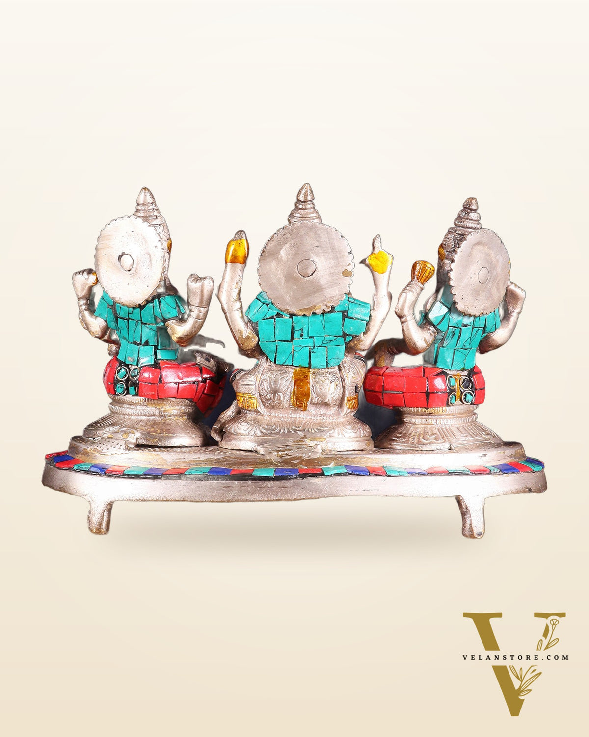 Ganesha Lakshmi Saraswati Brass Silver plated Idol with stonework 6.5"