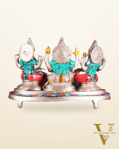 Ganesha Lakshmi Saraswati Brass Silver plated Idol with stonework 6.5"