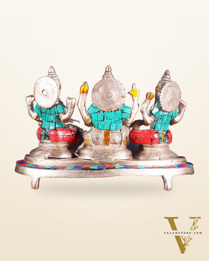 Ganesha Lakshmi Saraswati Brass Silver plated Idol with stonework 6.5"