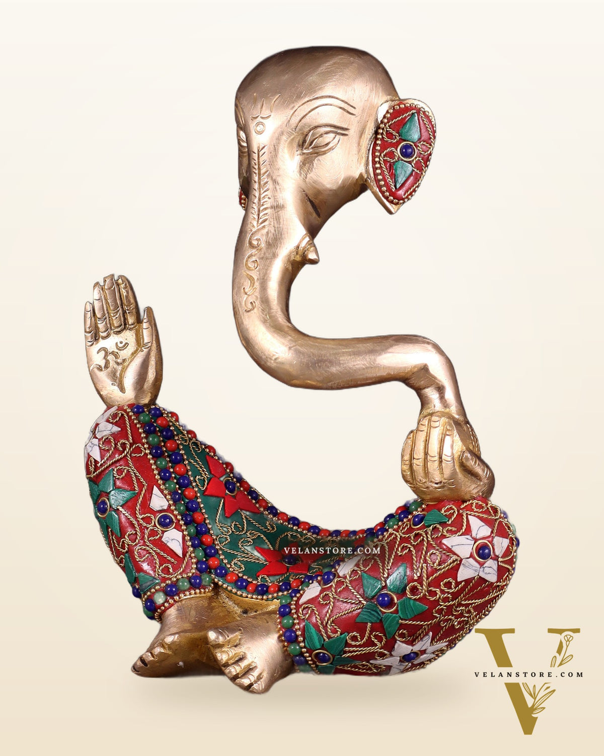 Ganesha modern Idol Abstract Brass with floral stonework 8.5 inch