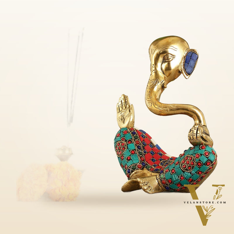 Ganesha modern Idol Abstract Brass with stonework 8.5 inch