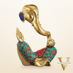 Ganesha modern Idol Abstract Brass with stonework 8.5 inch