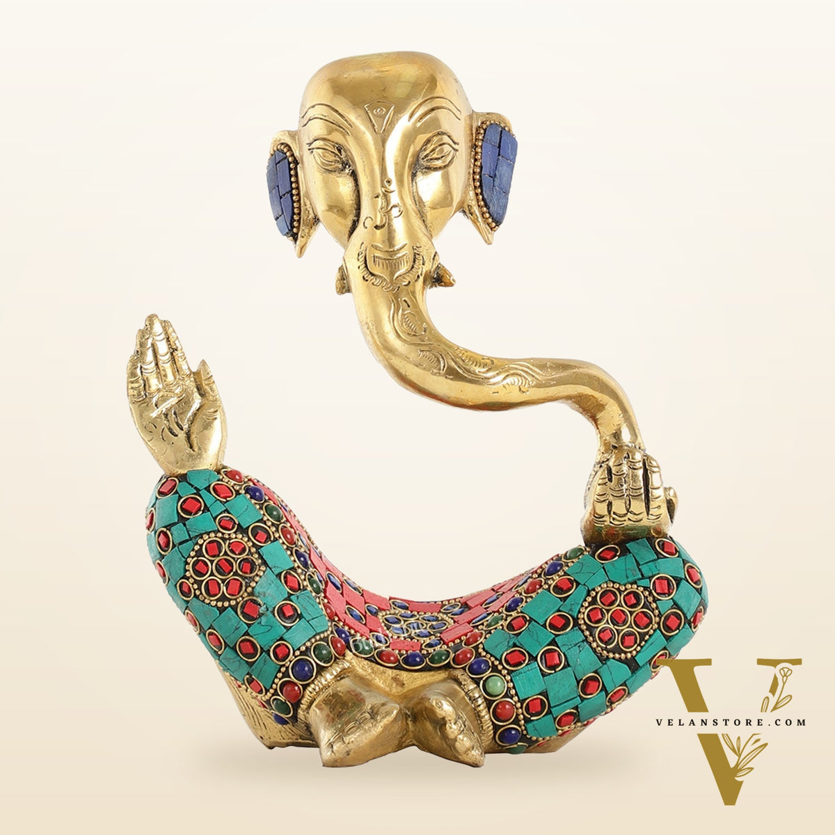Ganesha modern Idol Abstract Brass with stonework 8.5 inch