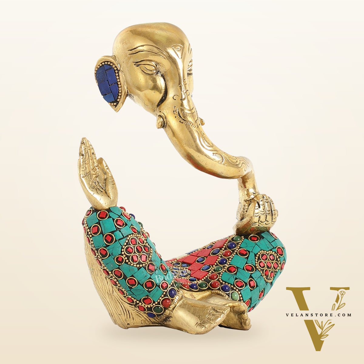 Ganesha modern Idol Abstract Brass with stonework 8.5 inch