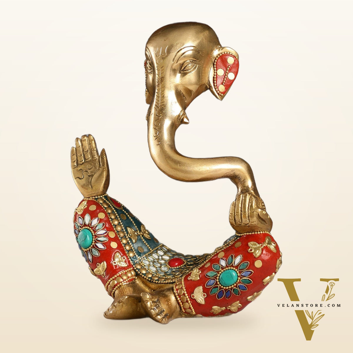 Ganesha modern Idol Abstract Brass with stonework 8.5 inch