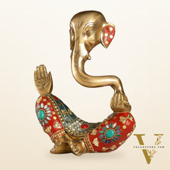 Ganesha modern Idol Abstract Brass with stonework 8.5 inch