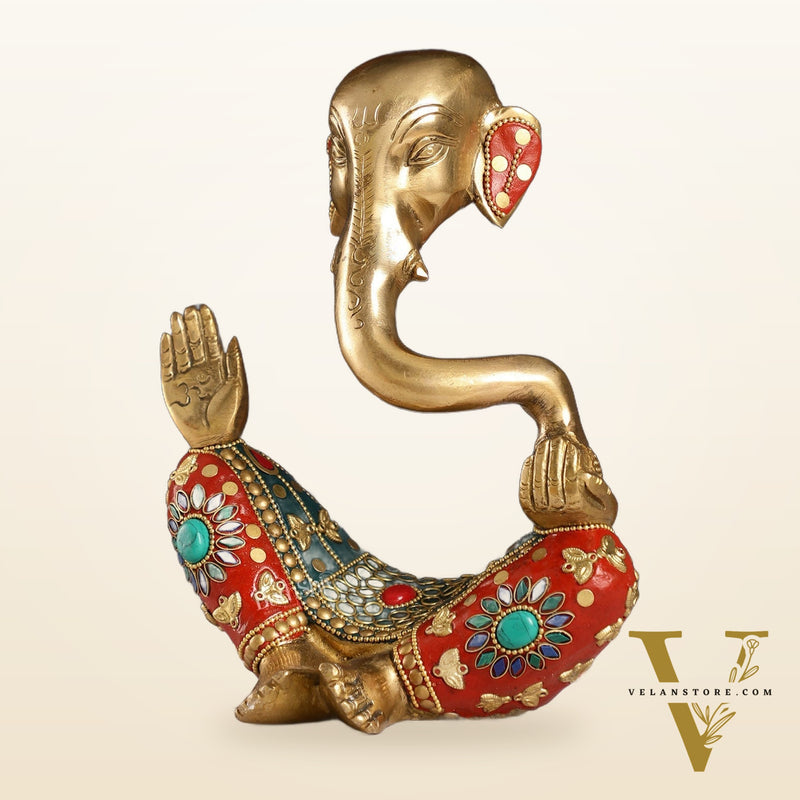 Ganesha modern Idol Abstract Brass with stonework 8.5 inch