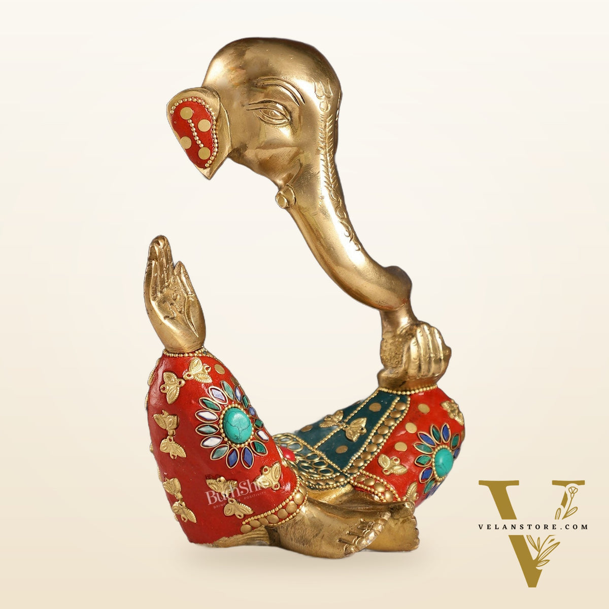Ganesha modern Idol Abstract Brass with stonework 8.5 inch