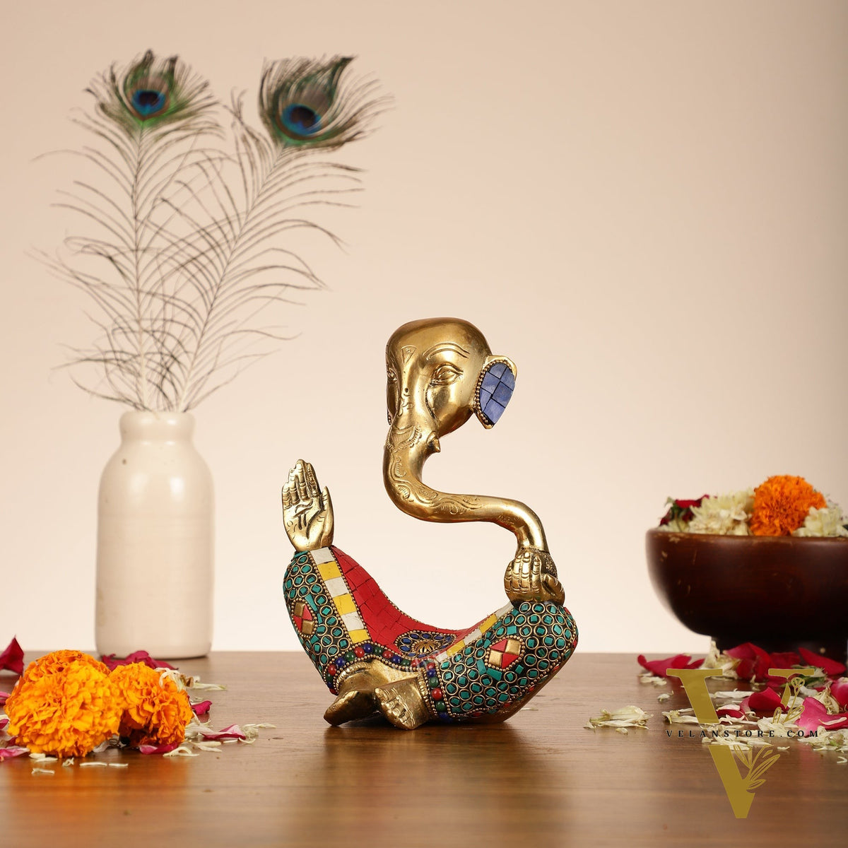 Ganesha modern Idol Abstract Brass with stonework 8.5 inch