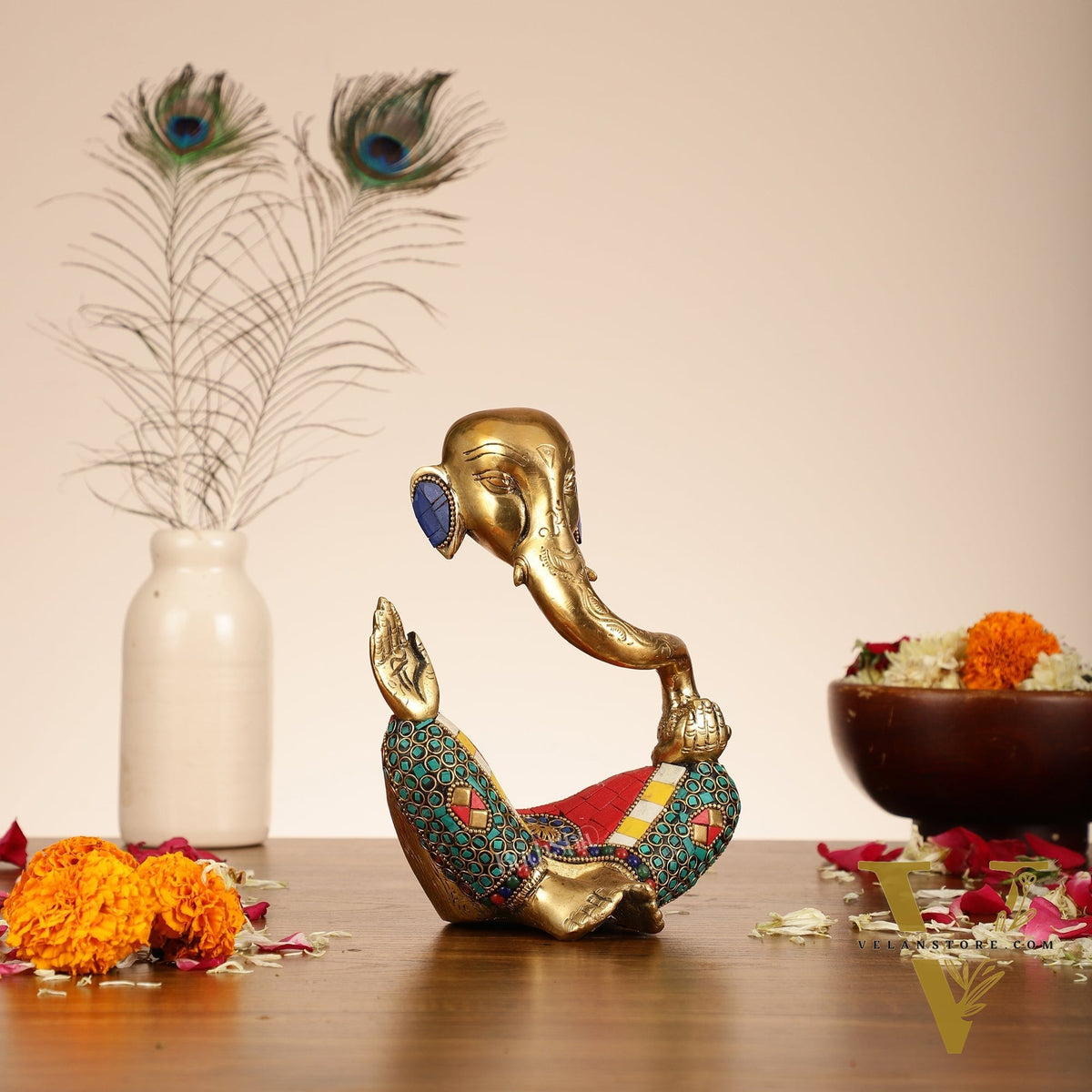 Ganesha modern Idol Abstract Brass with stonework 8.5 inch
