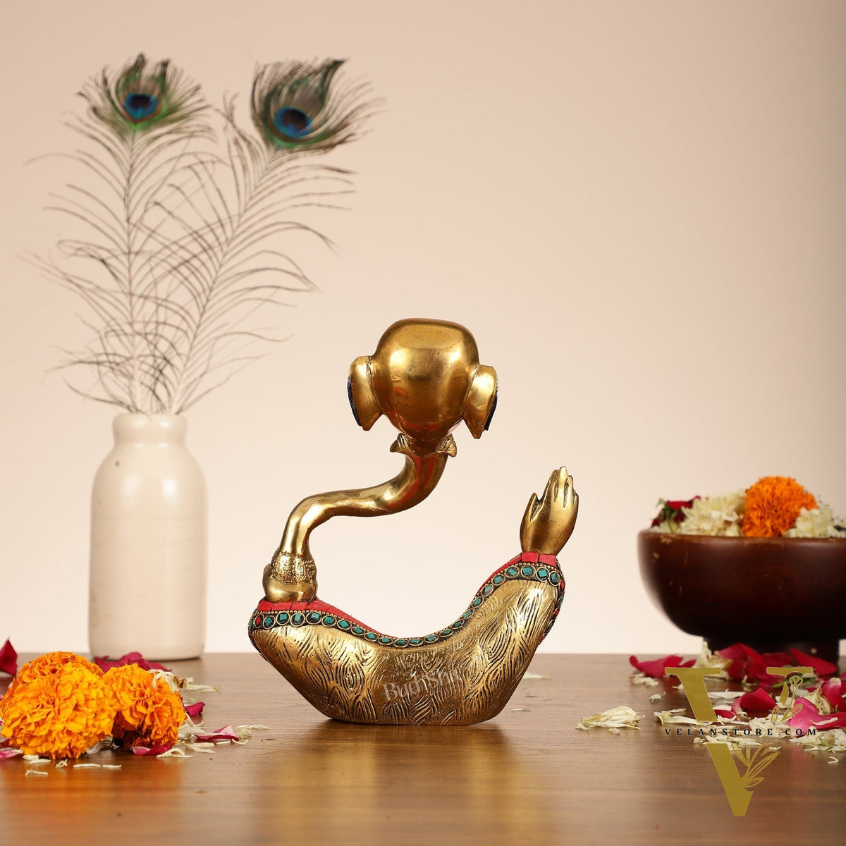 Ganesha modern Idol Abstract Brass with stonework 8.5 inch