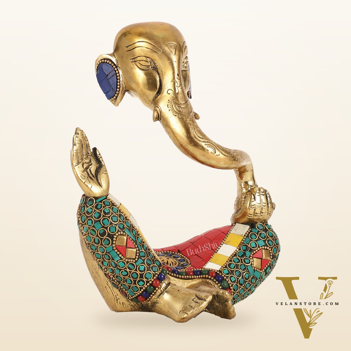 Ganesha modern Idol Abstract Brass with stonework 8.5 inch