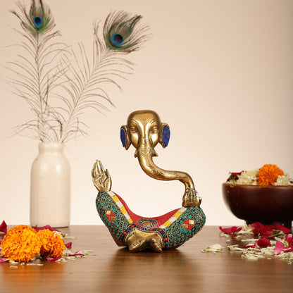 Ganesha modern Idol Abstract Brass with stonework 8.5 inch