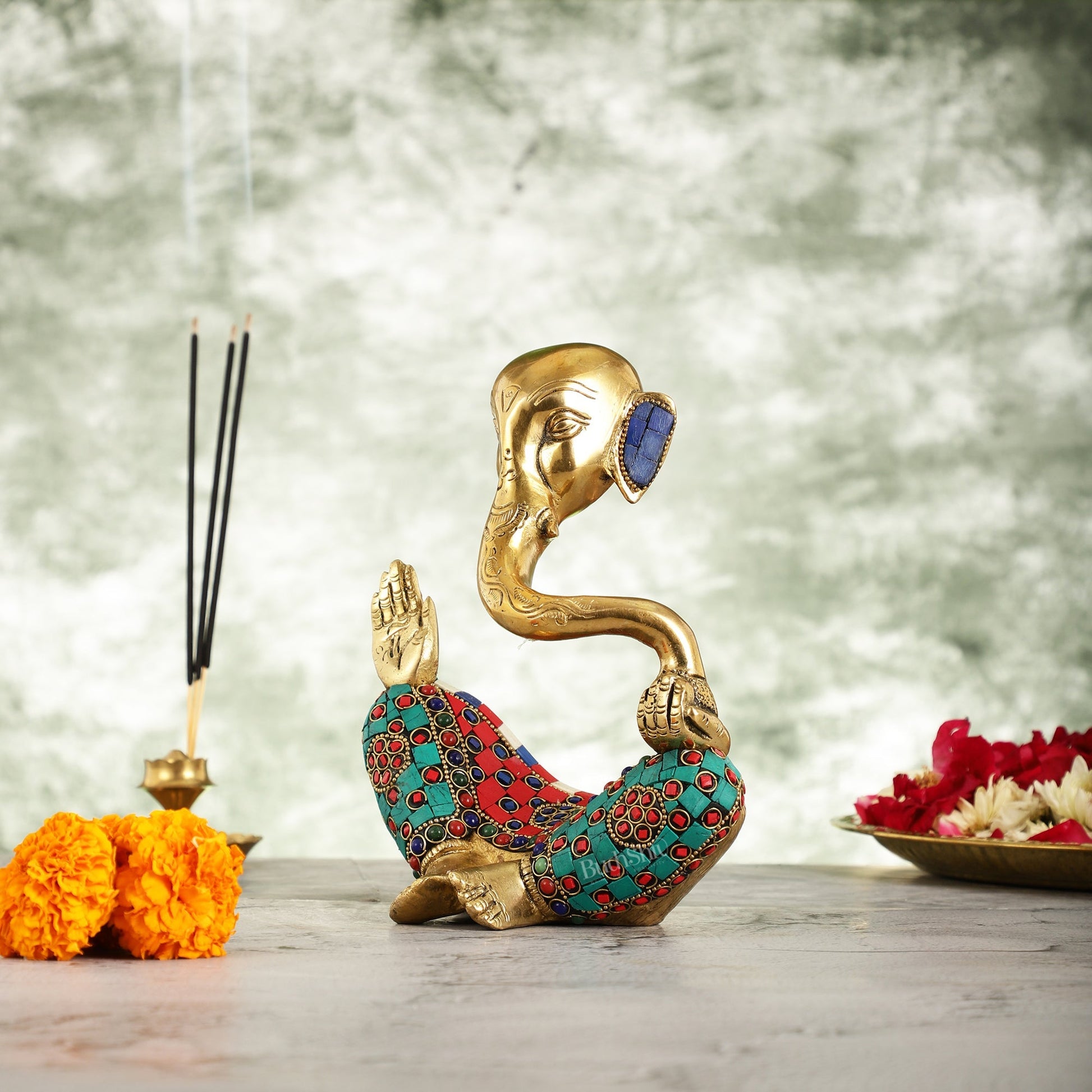 Ganesha modern Idol Abstract Brass with stonework 8.5 inch