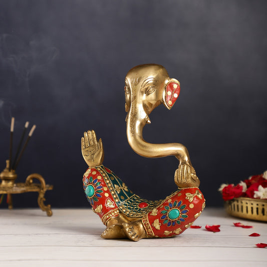 Ganesha modern Idol Abstract Brass with stonework 8.5 inch