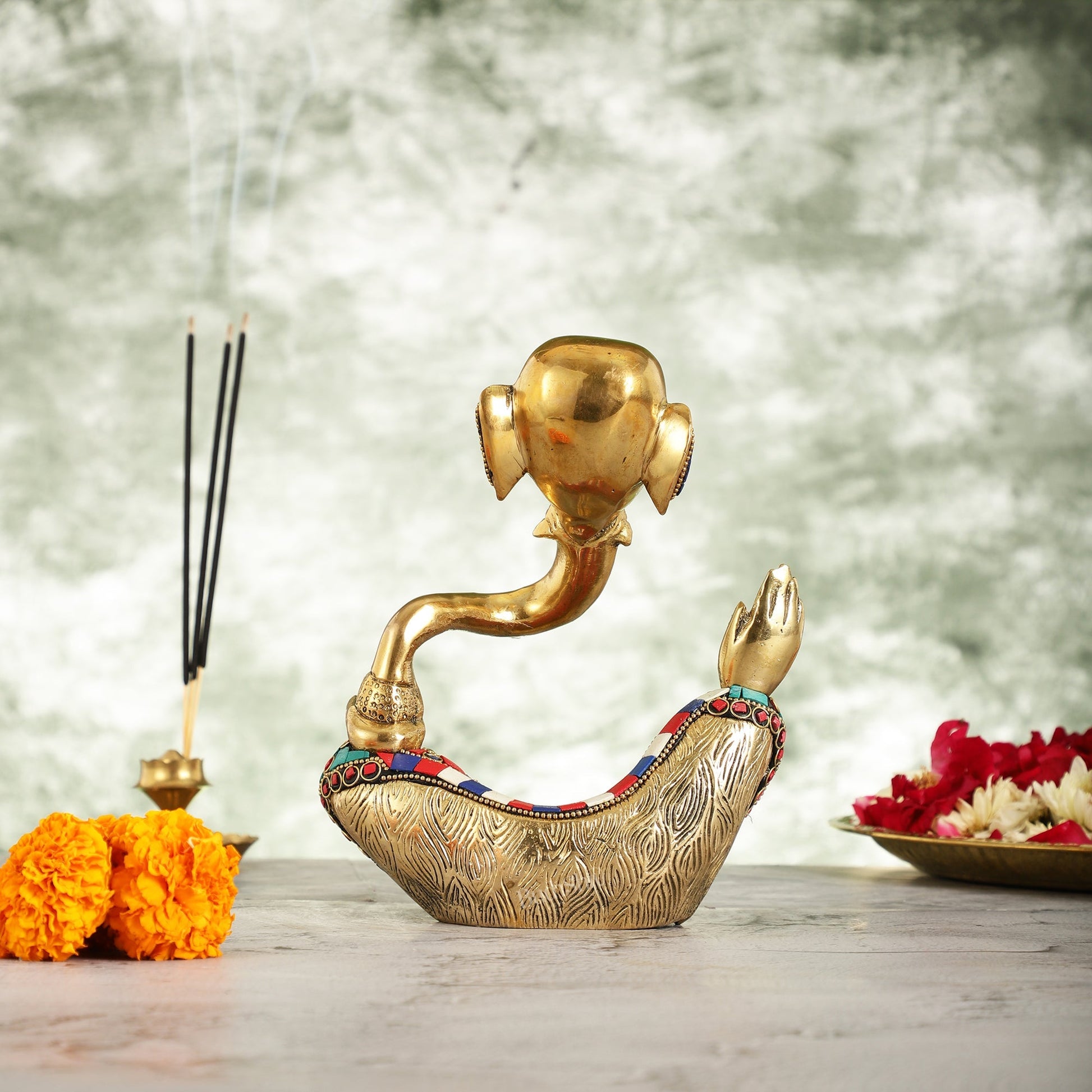 Ganesha modern Idol Abstract Brass with stonework 8.5 inch