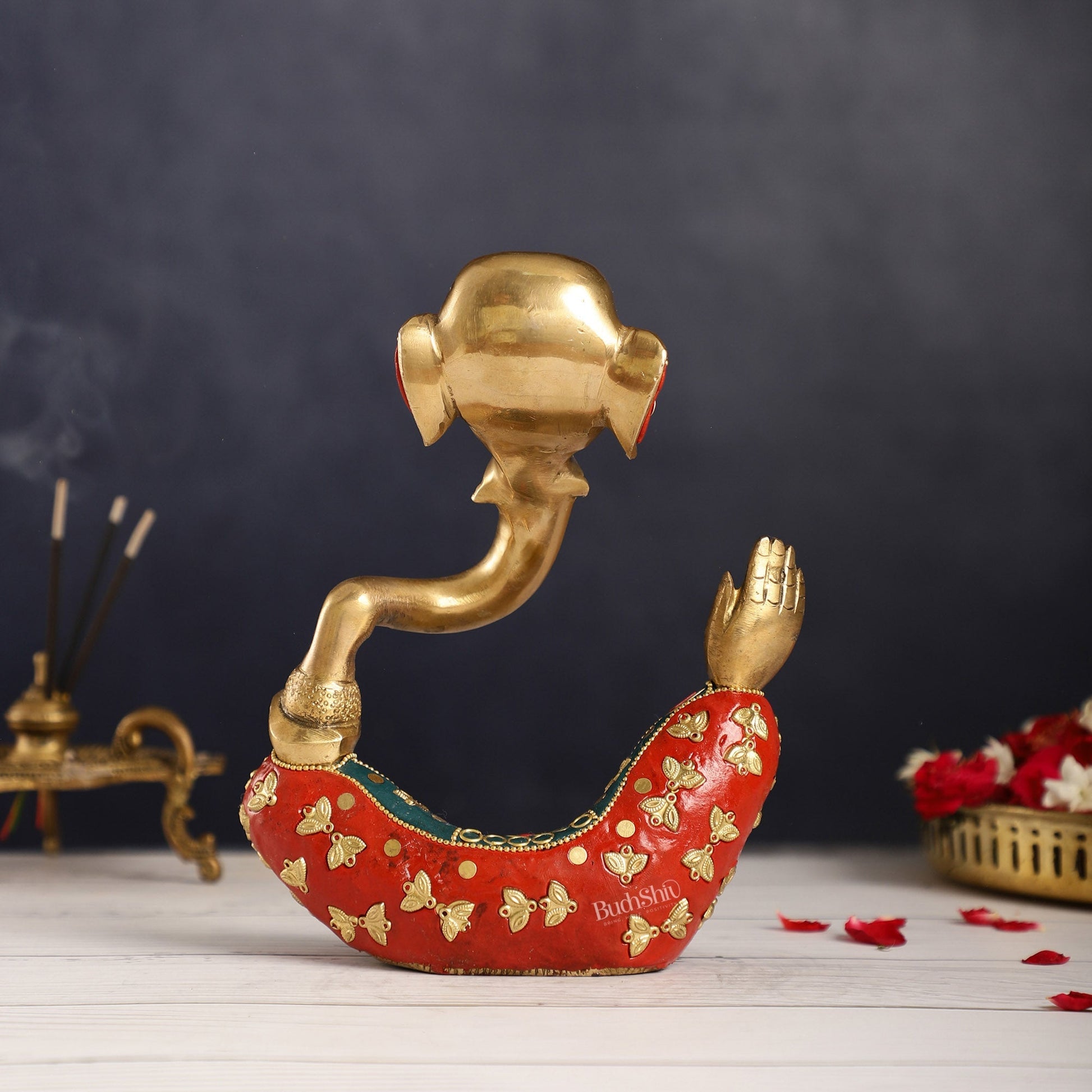 Ganesha modern Idol Abstract Brass with stonework 8.5 inch