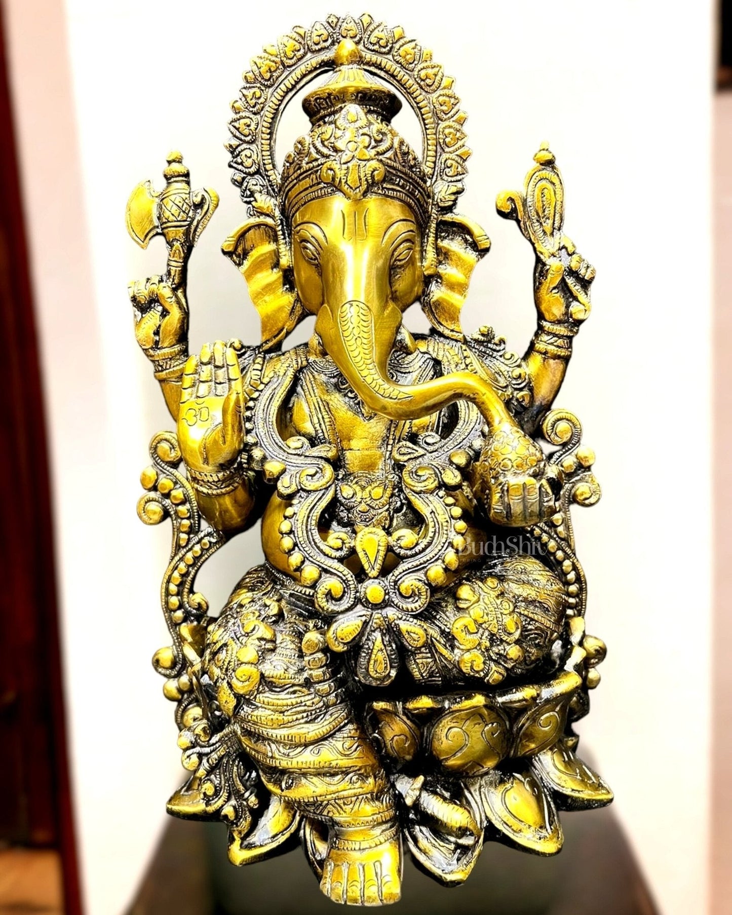 Ganesha on a lotus base brass idol 12 inches