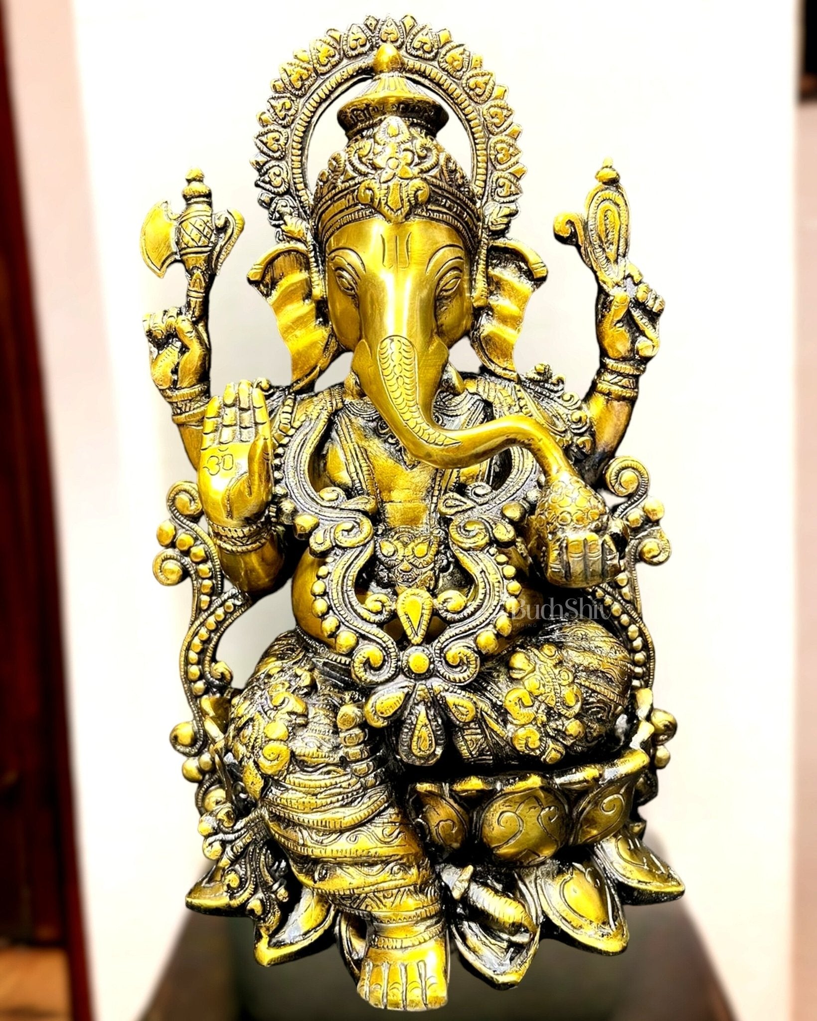 Ganesha on a lotus base brass idol 12 inches