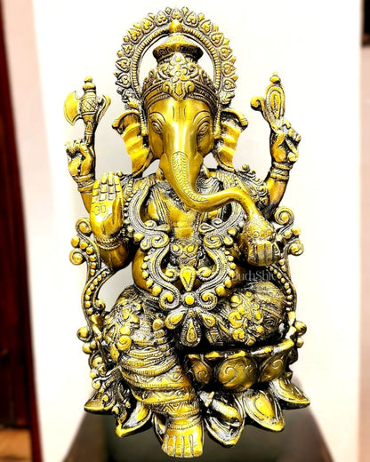 Ganesha on a lotus base brass idol 12 inches
