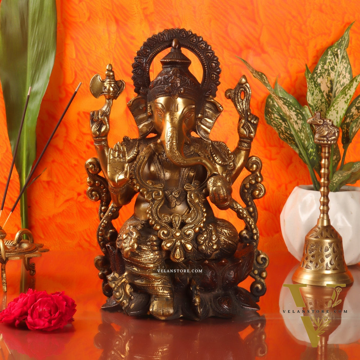 Ganesha on a lotus base large brass idol 12 inch