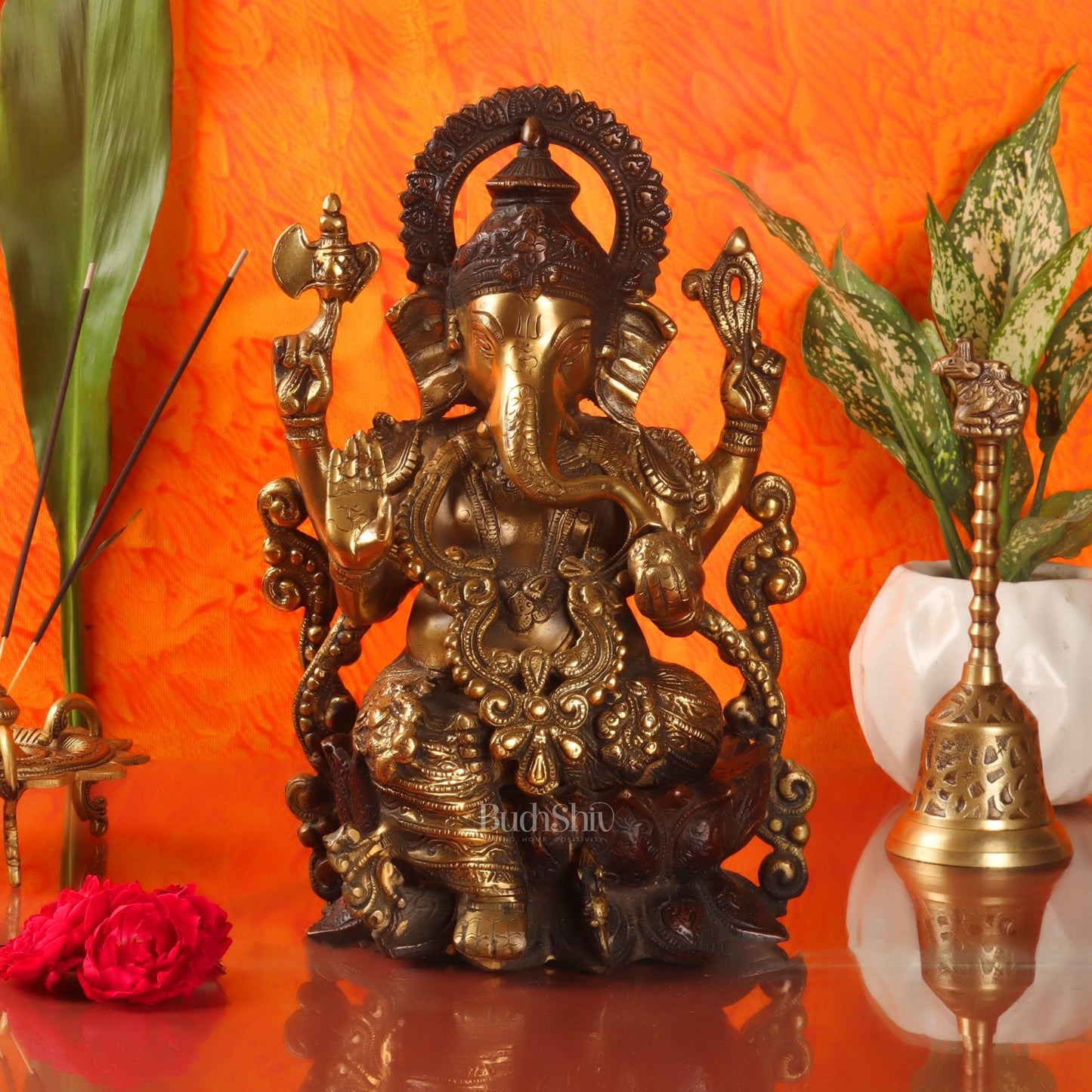 Ganesha on a lotus base large brass idol 12 inch