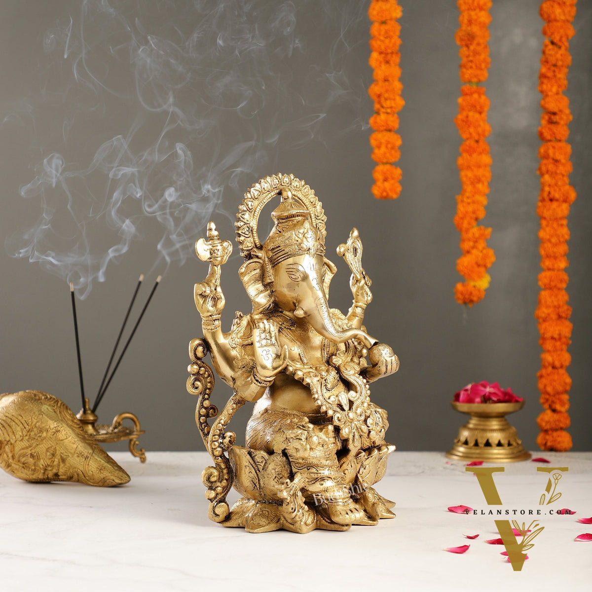 Ganesha on a lotus base large brass idol 12 inches