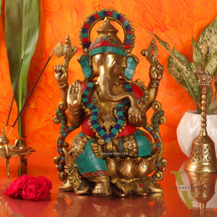 Ganesha on a lotus base large brass idol 12 inches with stonework