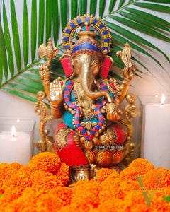 Ganesha on a lotus base large brass idol 12 inches with stonework