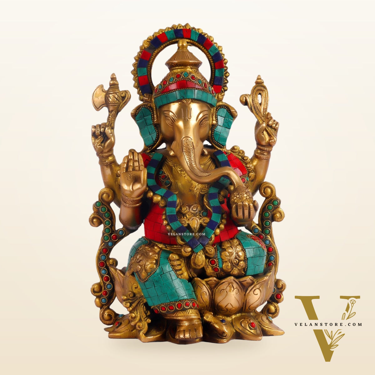 Ganesha on a lotus base large brass idol 12 inches with stonework