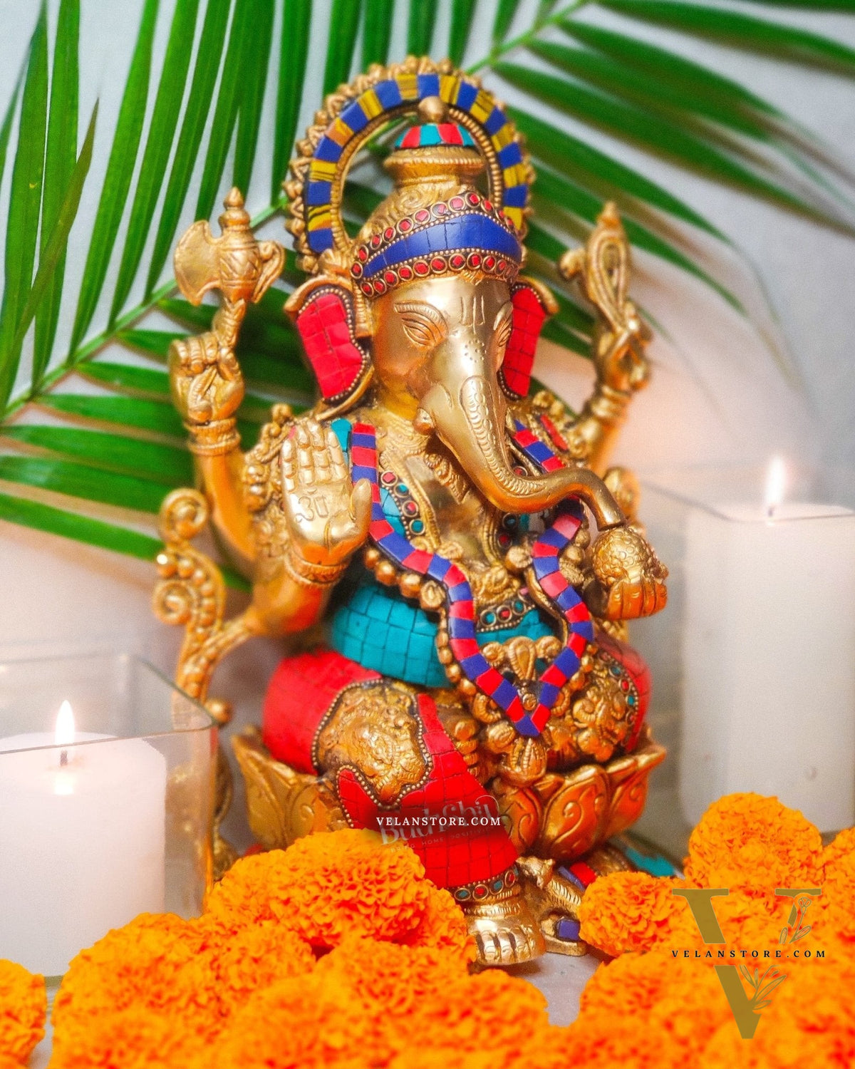 Ganesha on a lotus base large brass idol 12 inches with stonework