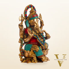 Ganesha on a lotus base large brass idol 12 inches with stonework