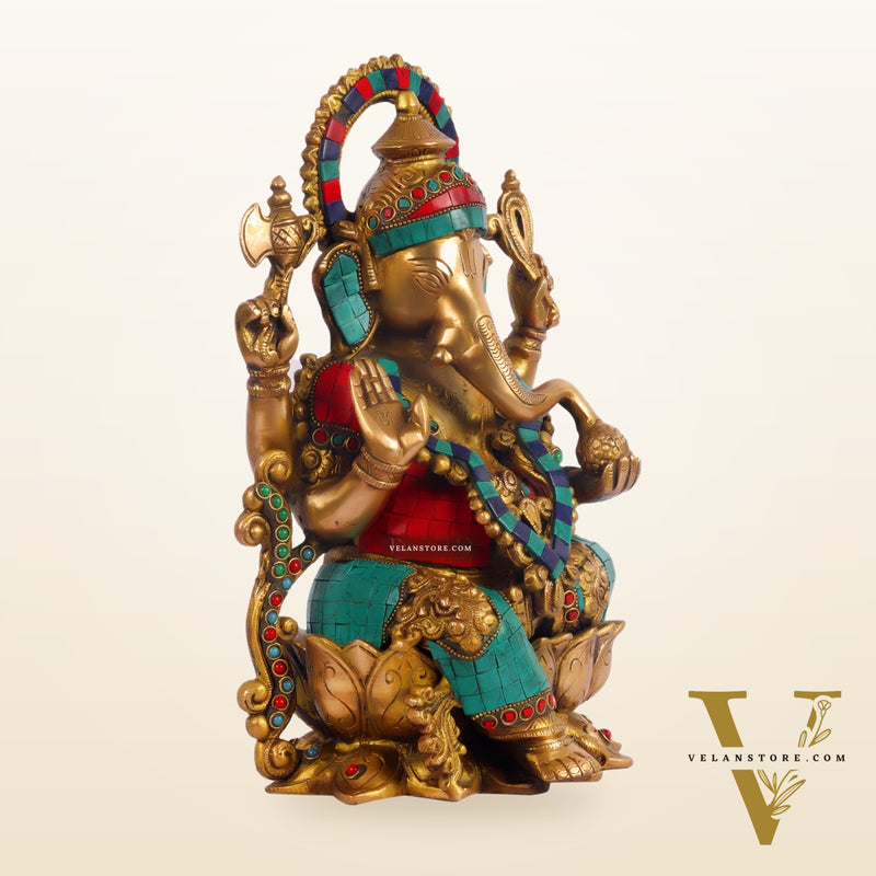 Ganesha on a lotus base large brass idol 12 inches with stonework