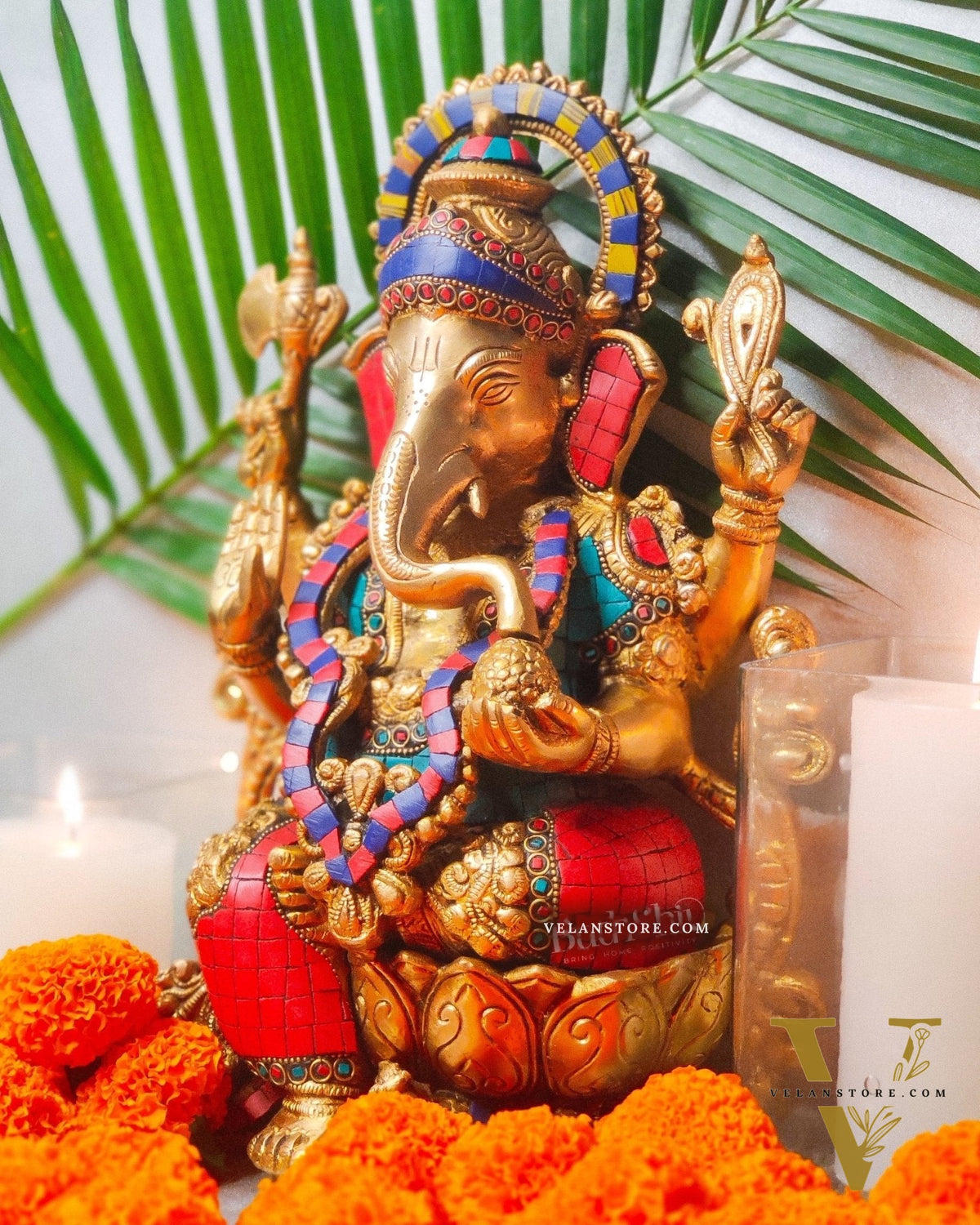 Ganesha on a lotus base large brass idol 12 inches with stonework
