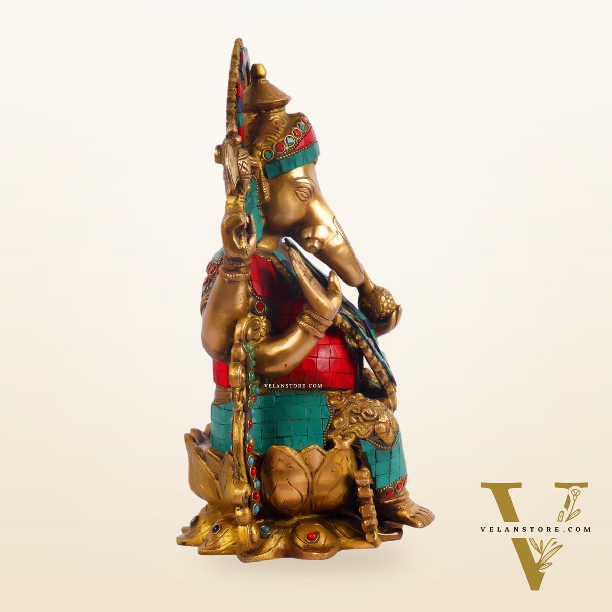 Ganesha on a lotus base large brass idol 12 inches with stonework