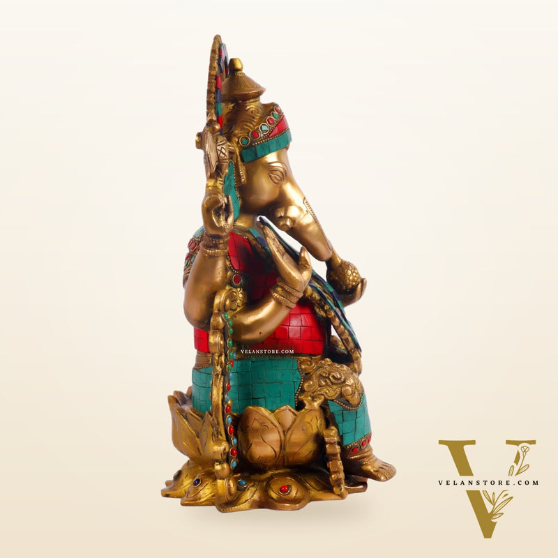 Ganesha on a lotus base large brass idol 12 inches with stonework