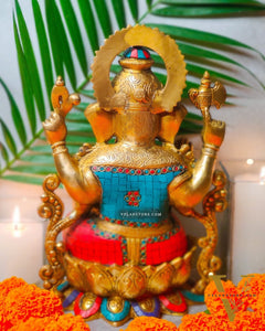 Ganesha on a lotus base large brass idol 12 inches with stonework