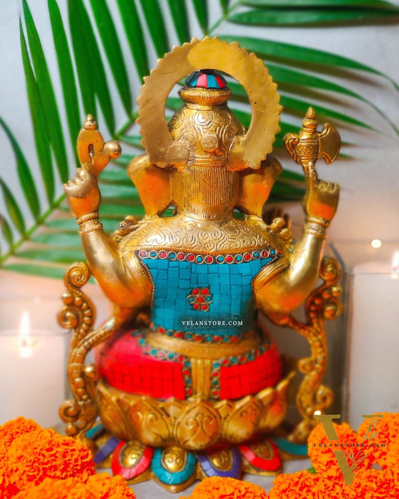 Ganesha on a lotus base large brass idol 12 inches with stonework