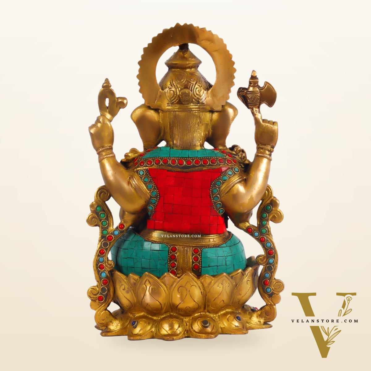 Ganesha on a lotus base large brass idol 12 inches with stonework