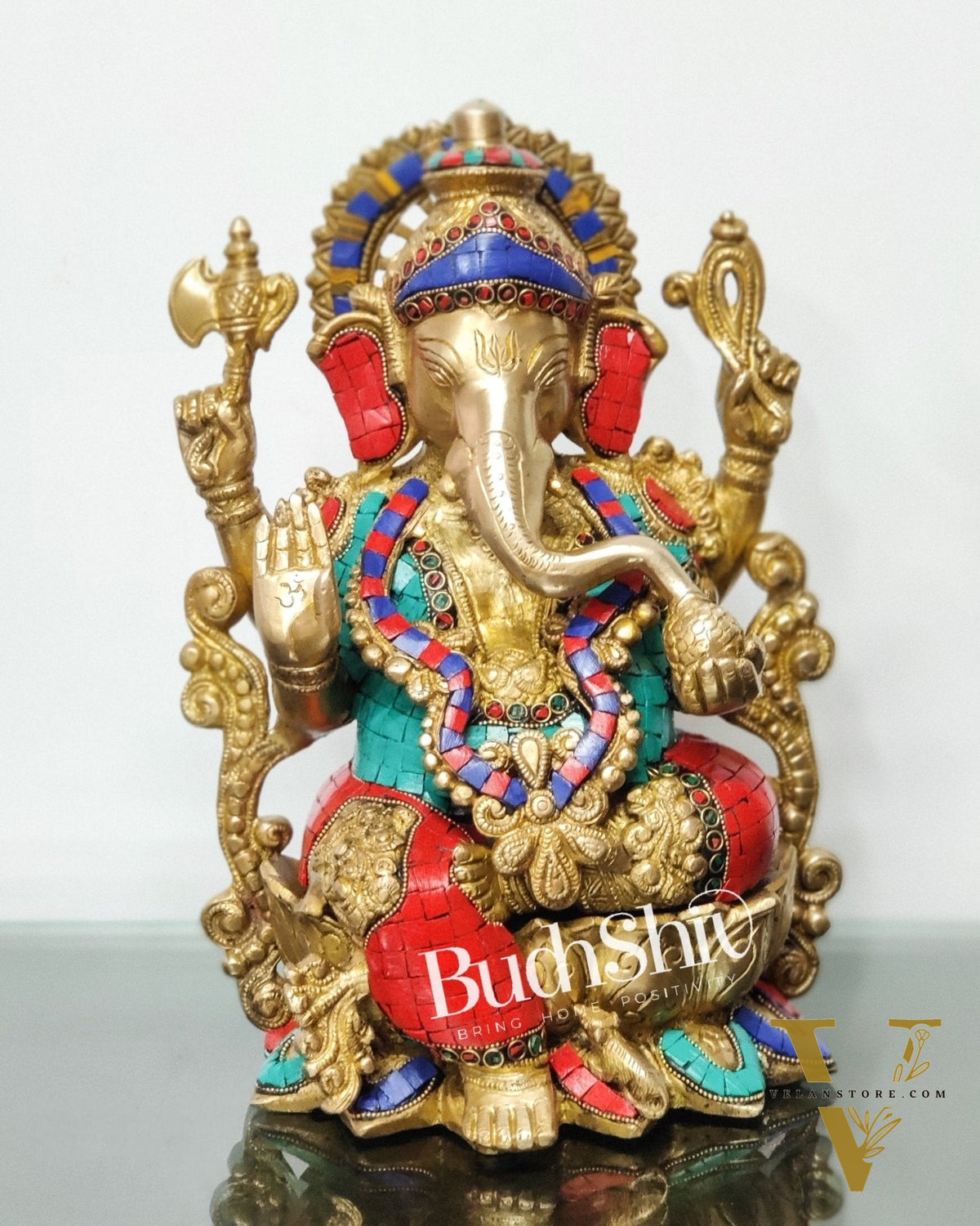 Ganesha on a lotus base large brass idol 12 inches with stonework