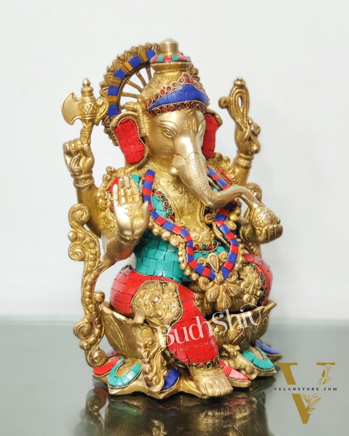 Ganesha on a lotus base large brass idol 12 inches with stonework