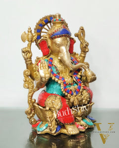 Ganesha on a lotus base large brass idol 12 inches with stonework