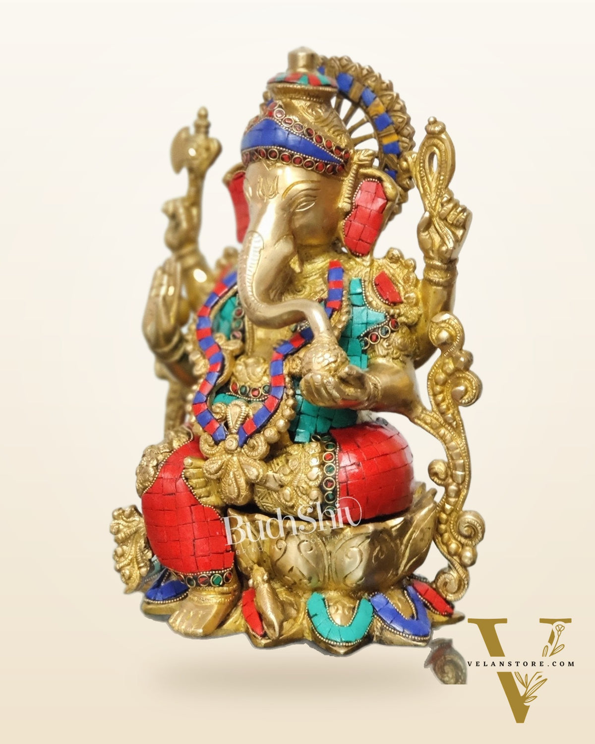 Ganesha on a lotus base large brass idol 12 inches with stonework