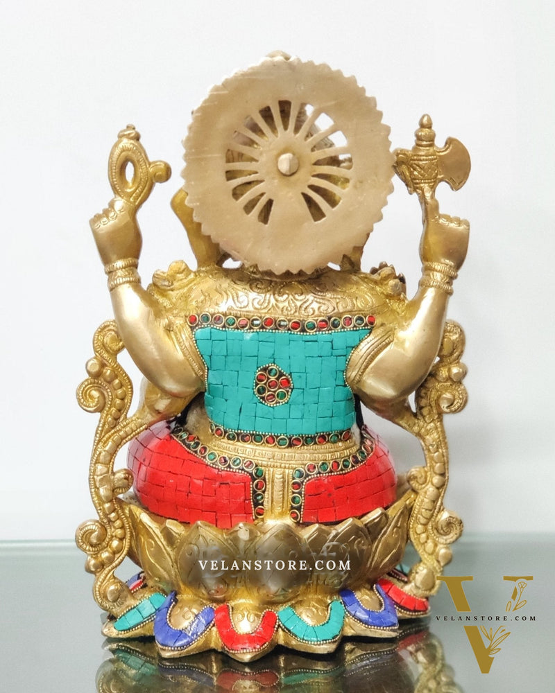 Ganesha on a lotus base large brass idol 12 inches with stonework