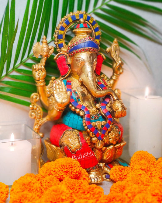 Ganesha on a lotus base large brass idol 12 inches with stonework