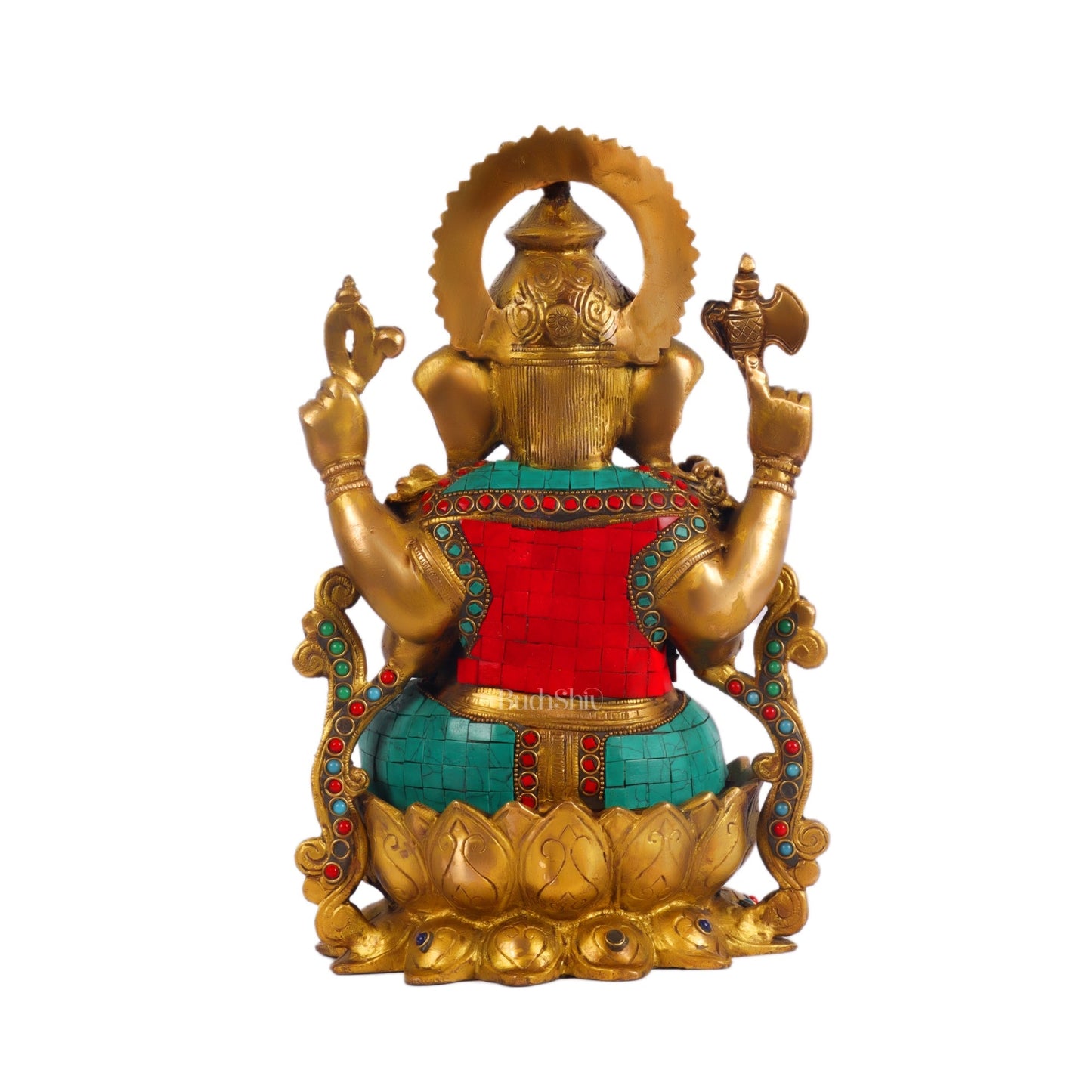 Ganesha on a lotus base large brass idol 12 inches with stonework
