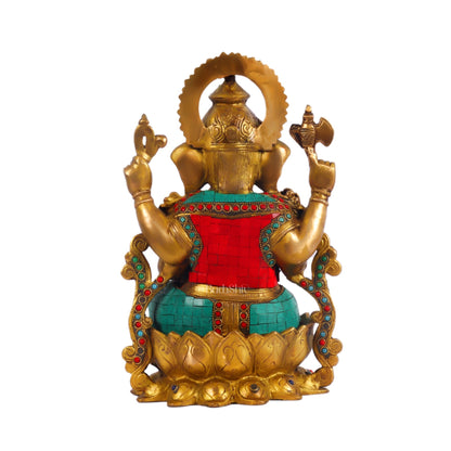 Ganesha on a lotus base large brass idol 12 inches with stonework