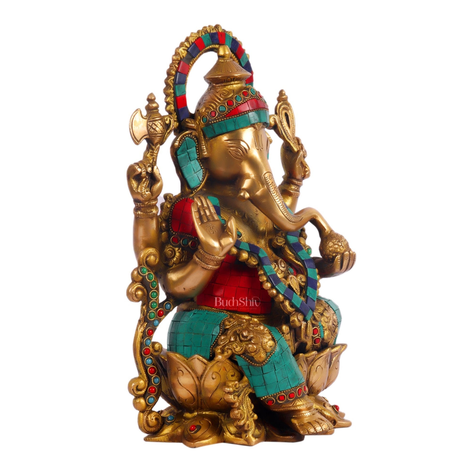 Ganesha on a lotus base large brass idol 12 inches with stonework