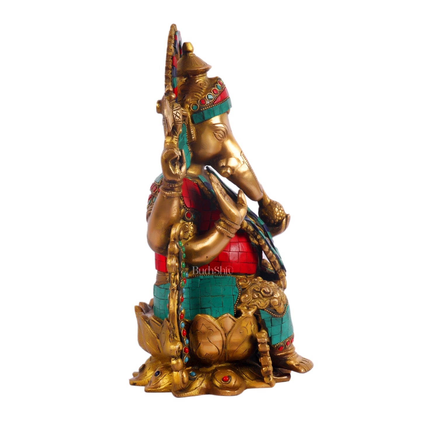 Ganesha on a lotus base large brass idol 12 inches with stonework