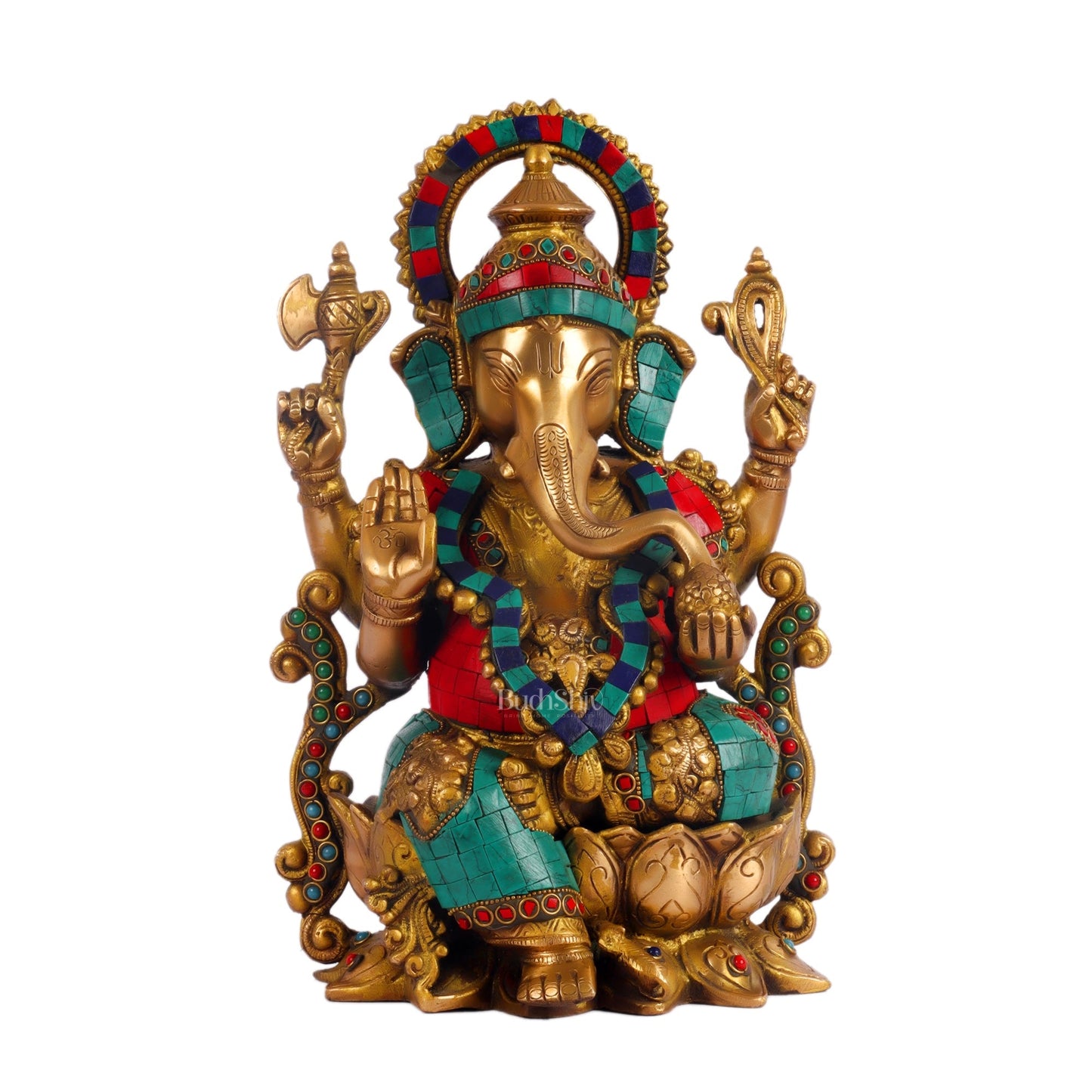 Ganesha on a lotus base large brass idol 12 inches with stonework